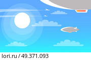 Airships flying in blue clear sky with clouds and brightly shining sun. Lighter-than-air aircraft that can navigate through air under its own power vector illustration with white dirigible balloons. Airships Flying in Sky with Clouds and Shining Sun. Стоковая иллюстрация, агентство Ingram Publishing / Фотобанк Лори