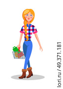Hipster girl with shopping basket full of goods vector illustration. Shopping in supermarket flat concept isolated on white. Female cartoon character make purchases icon. Buyer on seasonal sale. Girl with Shopping Basket Flat Cartoon Vector  . Стоковая иллюстрация, агентство Ingram Publishing / Фотобанк Лори