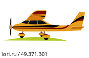 Modern yellow aeroplane on white background vector illustration in flat style. Powered and fixed-wing aircraft which is work due to propeller or jet engine. Plane has three wheels, wings and rudder.. Modern Yellow Aeroplane on White Background. Стоковая иллюстрация, агентство Ingram Publishing / Фотобанк Лори