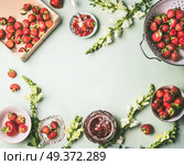 Frame made with fresh strawberries in colander and bowls with jam jar and spoon on kitchen table background with garden flowers, top view. Summer berries preserve concept. Seasonal local organic food. Стоковое фото, агентство Ingram Publishing / Фотобанк Лори