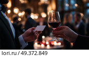 Elegant evening gathering with wine and networking at a sophisticated event in a beautifully lit venue. Стоковое AI-изображение, AI-художник Сергей Толмачёв / Фотобанк Лори