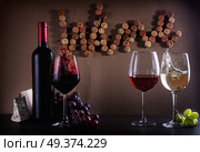 Wine concept Bottle and glasses with red, pink and white splashing wine on table with word wine written in corks. Glass of red wine. Стоковое фото, агентство Ingram Publishing / Фотобанк Лори