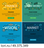 Set of conceptual business web banners. Finance and Team work internet templates. Vision and market colorful square concepts with vector line art pictogram and icons for modern company landing page. Set of Conceptual Business Vector Web Banners. Стоковая иллюстрация, агентство Ingram Publishing / Фотобанк Лори