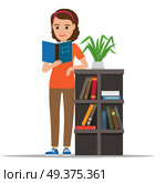Woman reading textbook in library. Female student standing near bookshelf with open book in hand flat vector isolated on white. Enthusiastic reader illustration for educational and hobby concept. Стоковое фото, агентство Ingram Publishing / Фотобанк Лори