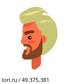 Blond man s face with beard and pink cheeks from sideview isolated icon on white background. Cartoon male character smiles with teeth. Modern man hairstyle example vector illustration in flat design. Man s Face from Sideview Isolated Illustration. Стоковая иллюстрация, агентство Ingram Publishing / Фотобанк Лори