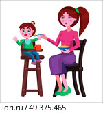 Young redhead mother with bowl full of porridge, feeds crying baby boy, who sits on highchair on white background. Illustration of motherhood. Cartoon family moment vector for Mother day.. Mother Feeds Baby, Who Sits and Cries on Highchair. Стоковая иллюстрация, агентство Ingram Publishing / Фотобанк Лори