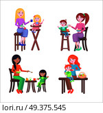 Set of four mothers, who feeds their children. Two mothers with boys and two with girls, two babies sit on highchairs, one at the table and one on the mother s lap. Vector illustration for Mother Day.. Set of Mothers and Children. Happy Mother Day Set. Стоковая иллюстрация, агентство Ingram Publishing / Фотобанк Лори