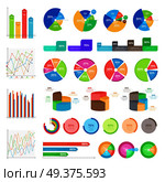 Collection of colourful infographics on white. Vector poster of round diagrams with percentages and column charts in flat style. Business informative schemes of development with percents and text. Collection of Infographics Colourful on White. Стоковая иллюстрация, агентство Ingram Publishing / Фотобанк Лори