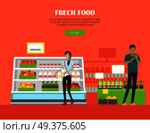 Fresh food in supermarket concept web banner. Flat style. Shopping in grocery store. Customers choose daily products from mall shelves. Illustration for retail shops adventuring and web page design. . Fresh Food Store Concept Banner in Flat Design. . Стоковая иллюстрация, агентство Ingram Publishing / Фотобанк Лори