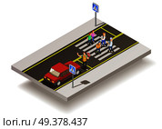 Road elements isometric composition with motorway section and uncontrolled pedestrian crossing with people and traffic signs vector illustration. Zebra Crossing Road Composition. Стоковая иллюстрация, агентство Ingram Publishing / Фотобанк Лори