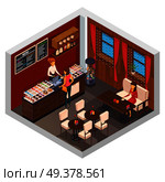 Cafe interior restaurant pizzeria bistro canteen isometric composition with cake shop display counter and visitor seating vector illustration. Caffeteria Restaurant Isometric Composition. Стоковая иллюстрация, агентство Ingram Publishing / Фотобанк Лори