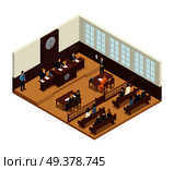 Law justice criminal trial courtroom proceedings isometric composition icon with judge bench defendant attorneys audience vector illustration . Law Justice Isometric Composition Icon . Стоковая иллюстрация, агентство Ingram Publishing / Фотобанк Лори