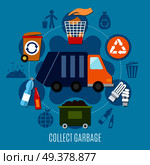 Garbage composition with flat doodle style icons of refuse collection truck trash bins and recycling pictograms vector illustration . Collect Garbage Circle Composition. Стоковая иллюстрация, агентство Ingram Publishing / Фотобанк Лори