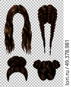 Female hairstyles set including long flowing hair, youth tufts, french braids on transparent background isolated vector illustration. Female Hairstyles Set. Стоковая иллюстрация, агентство Ingram Publishing / Фотобанк Лори
