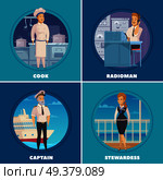 Cruise liner yacht ship crew characters 4 cartoon icons square with captain cook radioman isolated vector illustration . Ship Crew 4 Icons Square. Стоковая иллюстрация, агентство Ingram Publishing / Фотобанк Лори