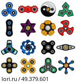 Colorful hand fidget spinners of different shape toys for stress relief set isolated on white background flat vector illustration. Hand Spinner Set. Стоковая иллюстрация, агентство Ingram Publishing / Фотобанк Лори