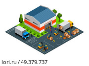 Warehouse outside view with parking places for trucks and loaders, workers and cargo, lawn isometric vector illustration. Warehouse Outside View Isometric Illustration. Стоковая иллюстрация, агентство Ingram Publishing / Фотобанк Лори