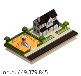Children playground with swings, slide, sandbox, benches near residential house with green trees isometric composition vector illustration. Playground Near Residential House Isometric Composition. Стоковая иллюстрация, агентство Ingram Publishing / Фотобанк Лори