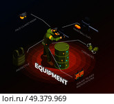 Paintball isometric composition of uniformed fighter character with gun and isolated elements of his ammunition vector illustration. Paintball Player Isometric Infographics. Стоковая иллюстрация, агентство Ingram Publishing / Фотобанк Лори