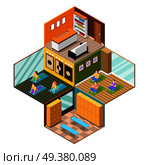Different rooms of modern fitness studio and women practising yoga on white background 3d isometric vector illustration. Isometric Yoga Studio Background. Стоковая иллюстрация, агентство Ingram Publishing / Фотобанк Лори