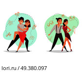 Famous dance styles 2 web templates set with pairs tango and salsa moves retro isolated vector illustration . Pair Dance 2 Templates Set . Стоковая иллюстрация, агентство Ingram Publishing / Фотобанк Лори
