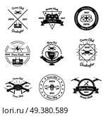 Drone set of monochrome emblems of club, school, tournament, shop and repair service isolated vector illustration. Drone Monochrome Emblems Set. Стоковая иллюстрация, агентство Ingram Publishing / Фотобанк Лори