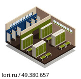 Swimming pool house changing locker room with shower enclosures benches and storage closets interior isometric composition vector illustration . Locker Dressing Room Isometric Composition . Стоковая иллюстрация, агентство Ingram Publishing / Фотобанк Лори