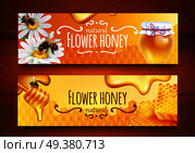 Realistic horizontal banners set with bees combs and jar full of natural flower honey isolated on wooden background vector illustration. Realistic Honey Banners. Стоковая иллюстрация, агентство Ingram Publishing / Фотобанк Лори