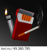 Realistic burning cigarette with smoke, red carton pack, lighter with flame, composition on transparent background vector illustration. Realistic Cigarette Pack And Lighter Composition. Стоковая иллюстрация, агентство Ingram Publishing / Фотобанк Лори