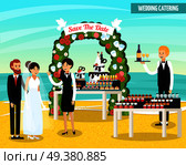 Wedding catering at seashore orthogonal flat composition with bride and groom, waiters, tables with food vector illustration. Wedding Catering Orthogonal Flat Composition. Стоковая иллюстрация, агентство Ingram Publishing / Фотобанк Лори