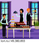Catering orthogonal composition with waiters with trays and bottles, table with drinks, snacks and dessert vector illustration. Catering Orthogonal Composition. Стоковая иллюстрация, агентство Ingram Publishing / Фотобанк Лори