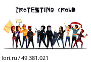 Protesting crowd design concept with cartoon characters of protesters and policemen armed with batons and shields vector illustration   . Protesting Crowd Design Concept. Стоковая иллюстрация, агентство Ingram Publishing / Фотобанк Лори