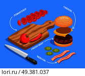 Professional cooking people chef pizzaiolo isometric people composition with images of cheeseburger filling raw food slices vector illustration. Preparing Cheeseburger Isometric Composition. Стоковая иллюстрация, агентство Ingram Publishing / Фотобанк Лори