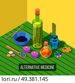 Alternative medicine isometric composition with elements of homeopathy apitherapy acupuncture phytotherapy aromatherapy  healing vector illustration . Alternative Medicine Isometric Composition. Стоковая иллюстрация, агентство Ingram Publishing / Фотобанк Лори