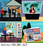 News orthogonal design concept including reporter with interview, tv studio with program, blogger, newspaper isolated vector illustration  . News Orthogonal Concept. Стоковая иллюстрация, агентство Ingram Publishing / Фотобанк Лори