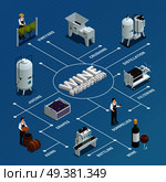Wine production process isometric flowchart with grapes crushing distillation filtering bottling juicing aging elements vector illustration. Wine Production Isometric Flowchart. Стоковая иллюстрация, агентство Ingram Publishing / Фотобанк Лори