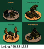Fighting robots 2x2 design concept set of  infantry sappers fighting vehicles and machine guns square compositions isometric vector illustration. Fighting Robots 2x2 Design Concept . Стоковая иллюстрация, агентство Ingram Publishing / Фотобанк Лори