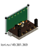 Truss construction of stage for street performance with audio amplifiers electric  guitars and percussion instruments isometric vector illustration . Stage Isometric Vector Illustration . Стоковая иллюстрация, агентство Ingram Publishing / Фотобанк Лори