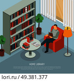 Isometric book reading composition with domestic interior big book cabinet and himan character in chair with text vector illustration. Domestic Library Reading Composition. Стоковая иллюстрация, агентство Ingram Publishing / Фотобанк Лори