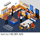 Post office interior with forwarding agents recipients and employees selling mailing supplies and receiving parcels isometric vector illustration. Post Office Isometric Illustration. Стоковая иллюстрация, агентство Ingram Publishing / Фотобанк Лори