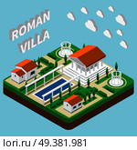 Isometric house composition with cumbersome clouds text and images of pantheon style buildings with park grounds vector illustration. Roman Villa Isometric Composition. Стоковая иллюстрация, агентство Ingram Publishing / Фотобанк Лори