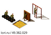 Military personnel primary recruit physical training drills with tire-based and climbing exercises isometric composition vector illustration . Military Recruit Training Isometric Composition. Стоковая иллюстрация, агентство Ingram Publishing / Фотобанк Лори