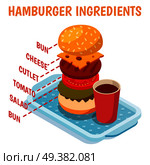 Hamburger ingredients isometric composition including bun, cutlet, cheese, tomato, salad and drink on blue tray vector illustration. Hamburger Ingredients Isometric Composition. Стоковая иллюстрация, агентство Ingram Publishing / Фотобанк Лори