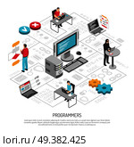 Computer programmers coder for software systems applications developer work isometric background composition with collaboration symbols vector illustration . Programmers Work Isometric Background Composition . Стоковая иллюстрация, агентство Ingram Publishing / Фотобанк Лори