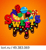Trendy desserts sweets candies lollies fastfood favorites delicious colorful composition on melted chocolate fudge frosting vector illustration  . Sweets Fastfood  Trendy Colorful Composition . Стоковая иллюстрация, агентство Ingram Publishing / Фотобанк Лори