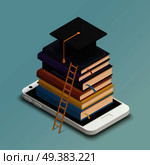 E-learning isometric composition with textbooks smartphone and graduation cap on blue background 3d vector illustration. E-learning Isometric Composition. Стоковая иллюстрация, агентство Ingram Publishing / Фотобанк Лори