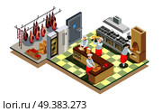 Professional cooking people chef pizzaiolo isometric people composition with big restaurant kitchen environment kitchen equipment and workers vector illustration. Restaurant Kitchen Isometric Composition. Стоковая иллюстрация, агентство Ingram Publishing / Фотобанк Лори