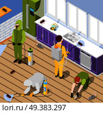 Pest control isometric background with exterminators in protective suits spraying pesticide in home interior vector illustration . Pest Control Isometric Background. Стоковая иллюстрация, агентство Ingram Publishing / Фотобанк Лори