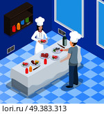 Restaurant kitchen facility interior isometric composition with lady chef in classic uniform preparing salmon dish vector illustration. Commercial Kitchen Interior Isometric Composition . Стоковая иллюстрация, агентство Ingram Publishing / Фотобанк Лори