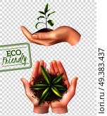 Ecology concept including lettering eco friendly, realistic female hands with sprout isolated on transparent background vector illustration . Eco Friendly Ecology Concept. Стоковая иллюстрация, агентство Ingram Publishing / Фотобанк Лори